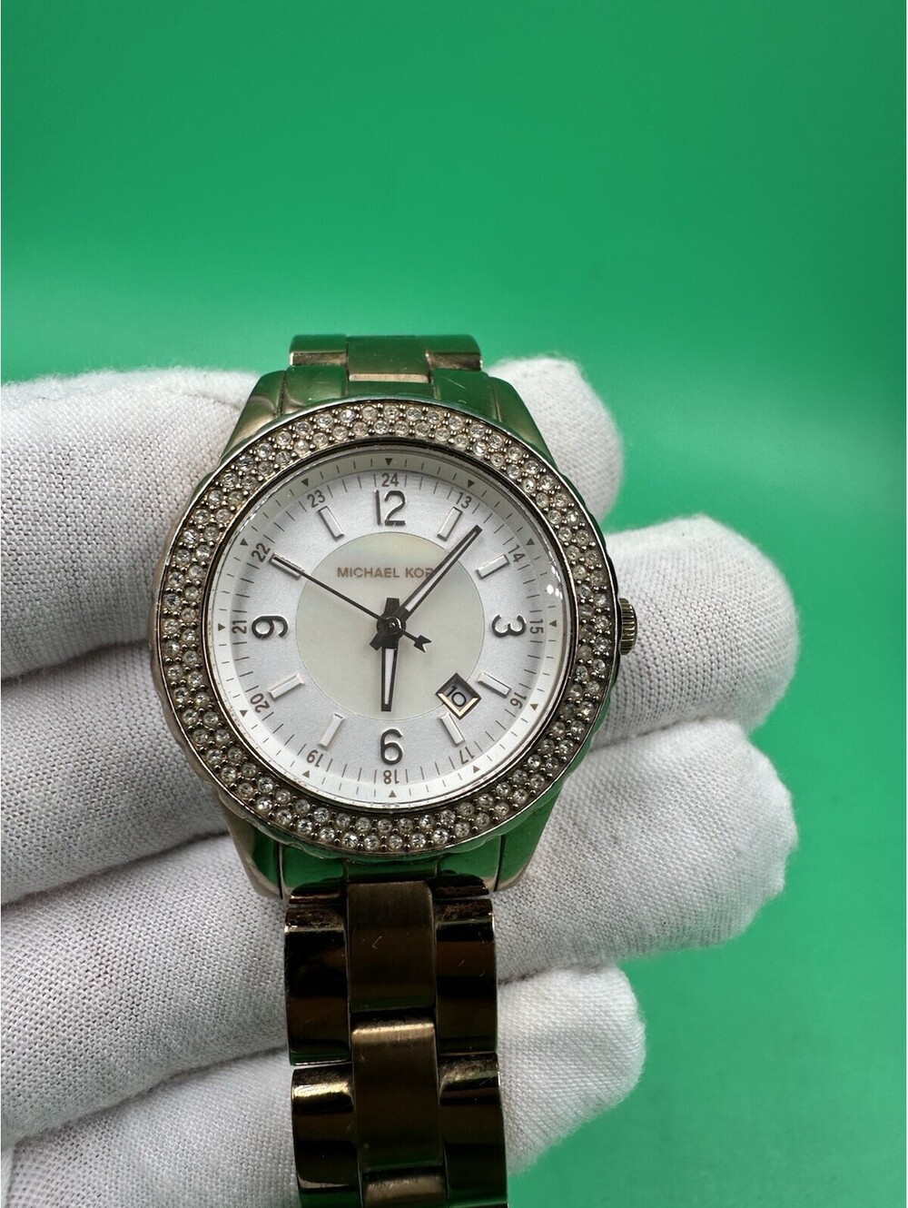 Michael Kors MK-5403 Gold Tone Bezel Rhinestone Date Women Watch NEW BATTERY